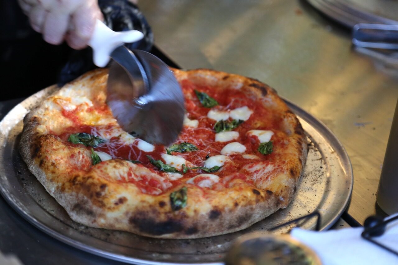 A finished pizza