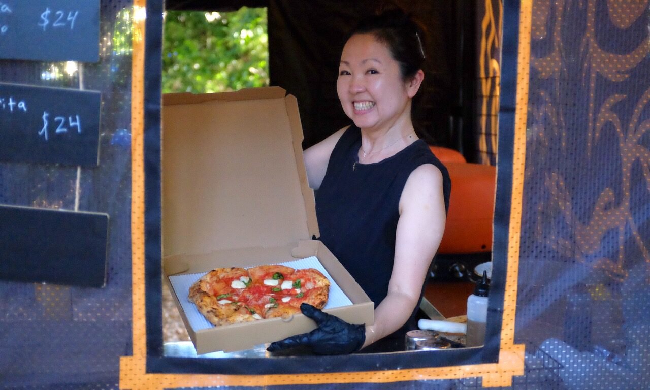 A pizza handed out at the tent